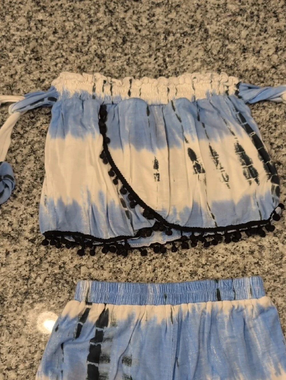 Blue & White Tie-Dye Pom Trim Two-Piece Set
